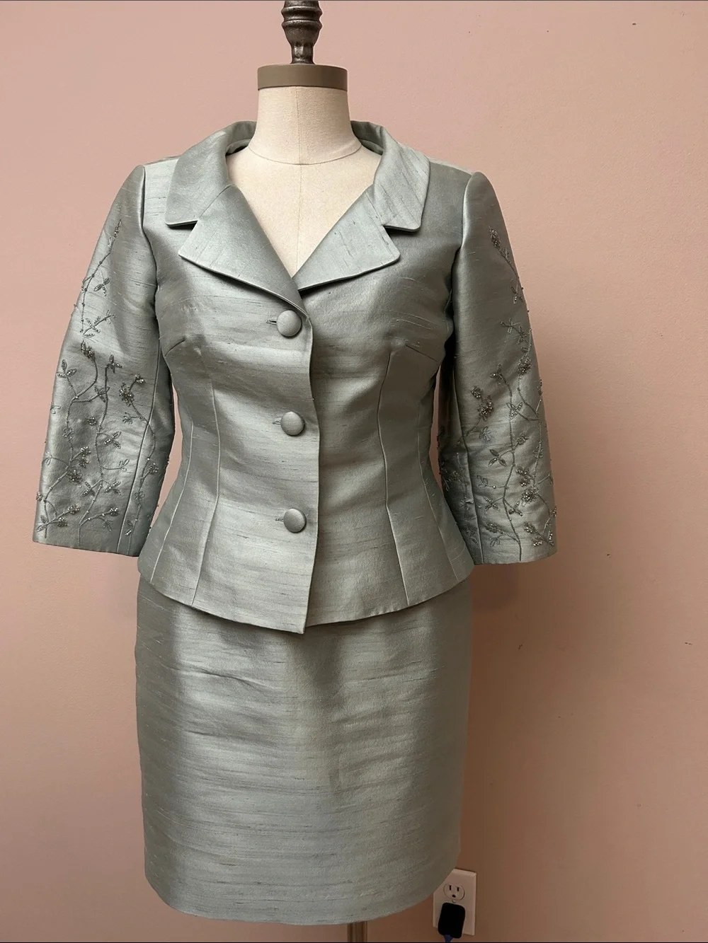 VTG Lillie Rubin Silver-Green Silk Wool Embroidered Skirt Suit set sz 6
